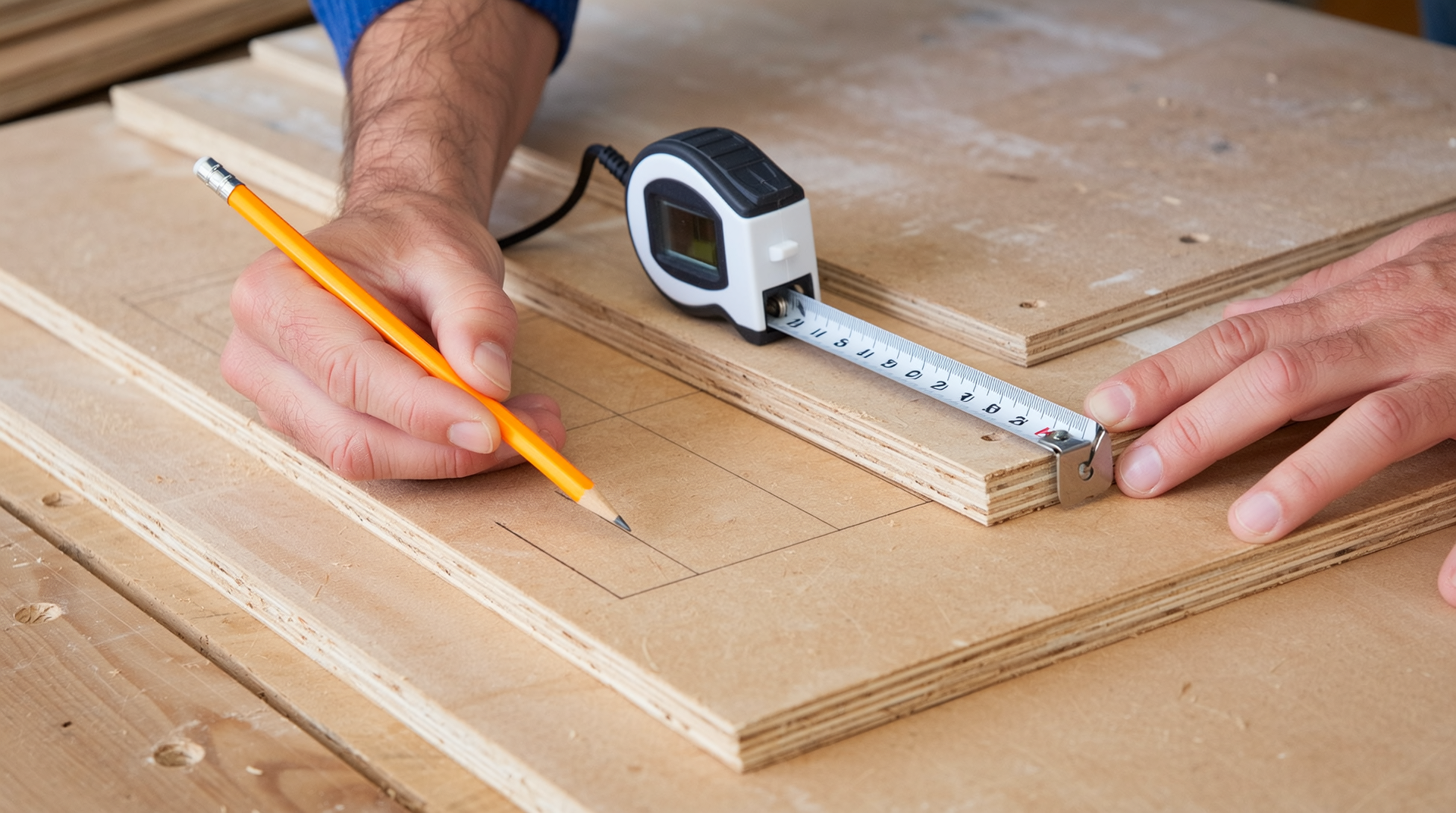 MDF 판에 줄자와 연필로 정확한 치수와 마크를 하는 장인의 모습 실사 이미지
