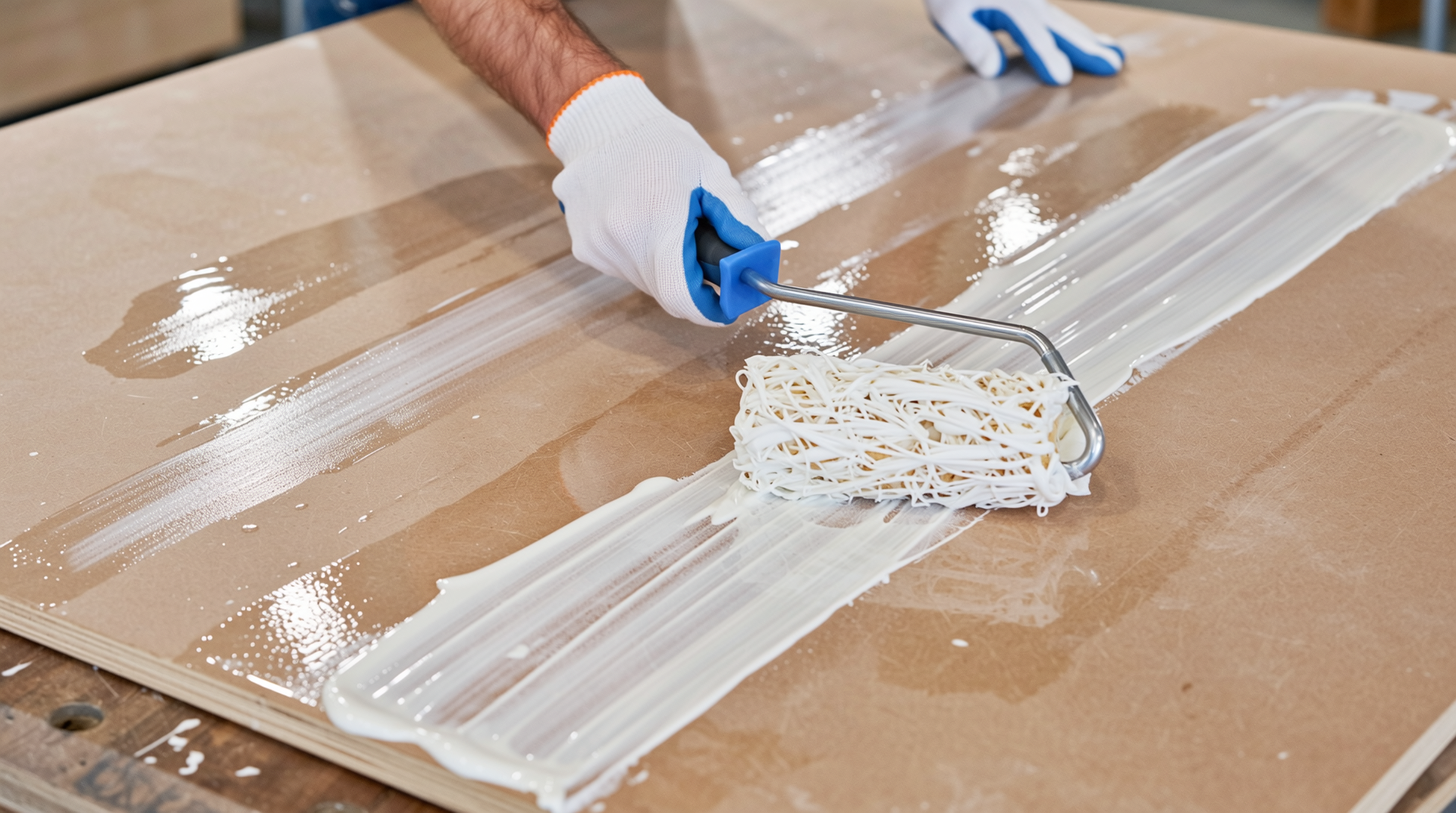 환기 잘 되는 작업장에서 롤러로 MDF 표면에 프라이머를 바르는 장면의 실사 이미지