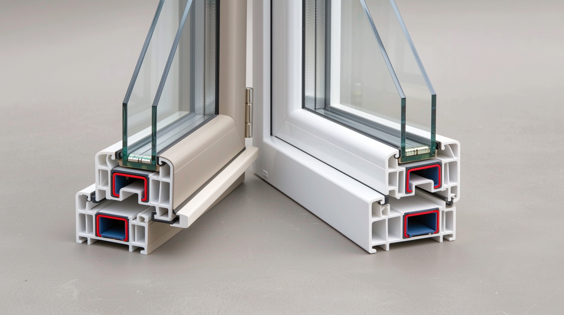 알루미늄 창호와 PVC 창호 단면 구조 및 단열 기능 비교 이미지