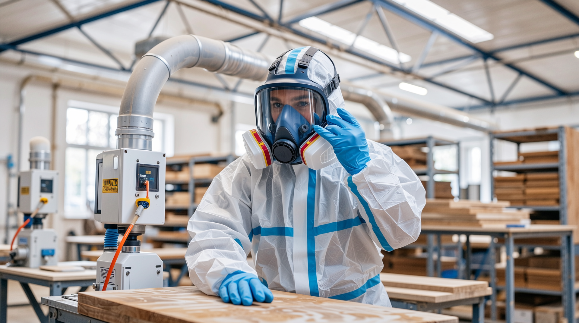 MDF 작업 시 개인 보호장비를 착용하고 분진 및 안전 장치가 갖춰진 작업 환경 모습