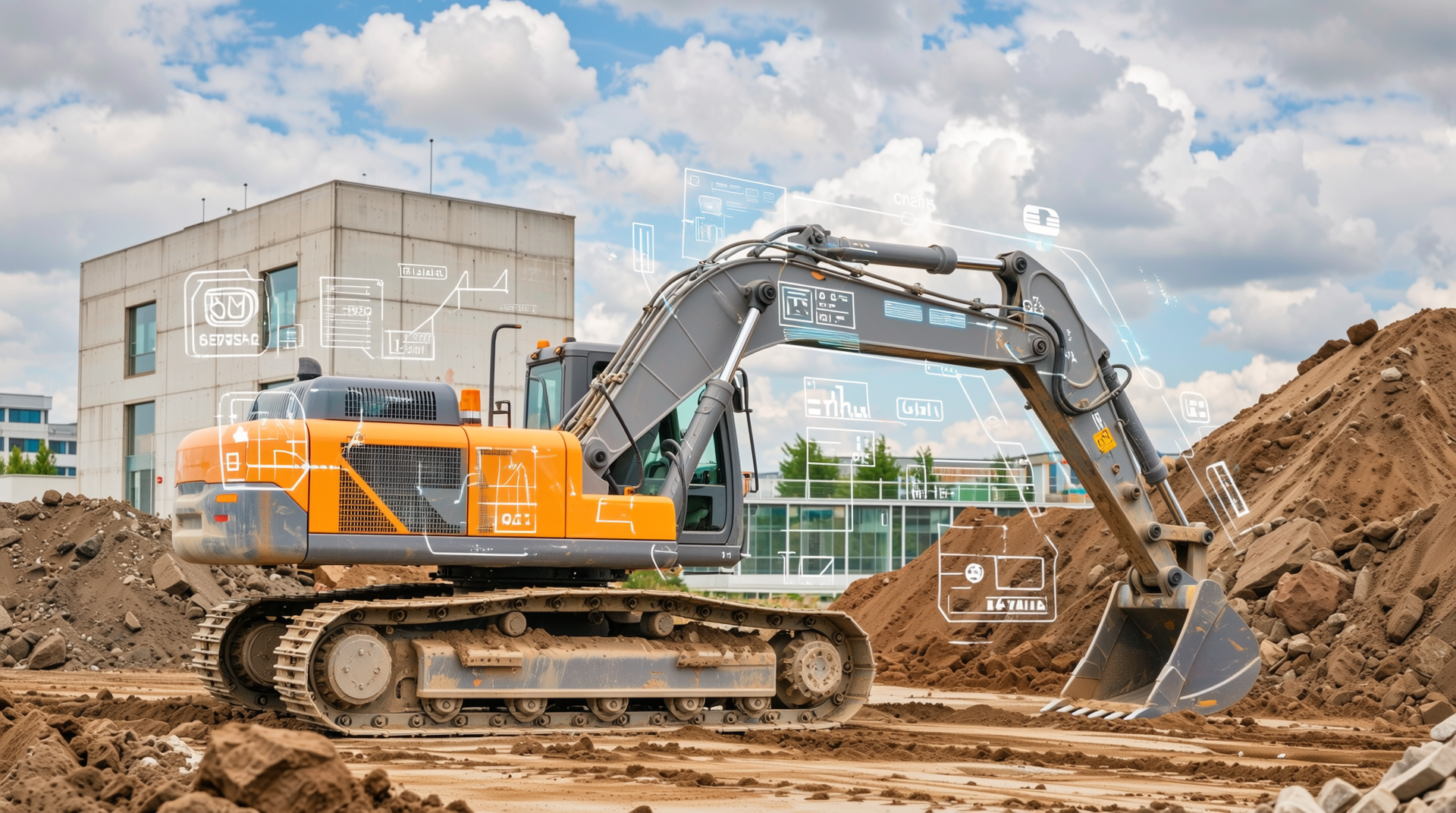 IoT 기술과 친환경 기능이 접목된 스마트 건설 현장에서 중고 굴착기 디지털 관리와 부품 공급 연동을 표현한 개념 이미지
