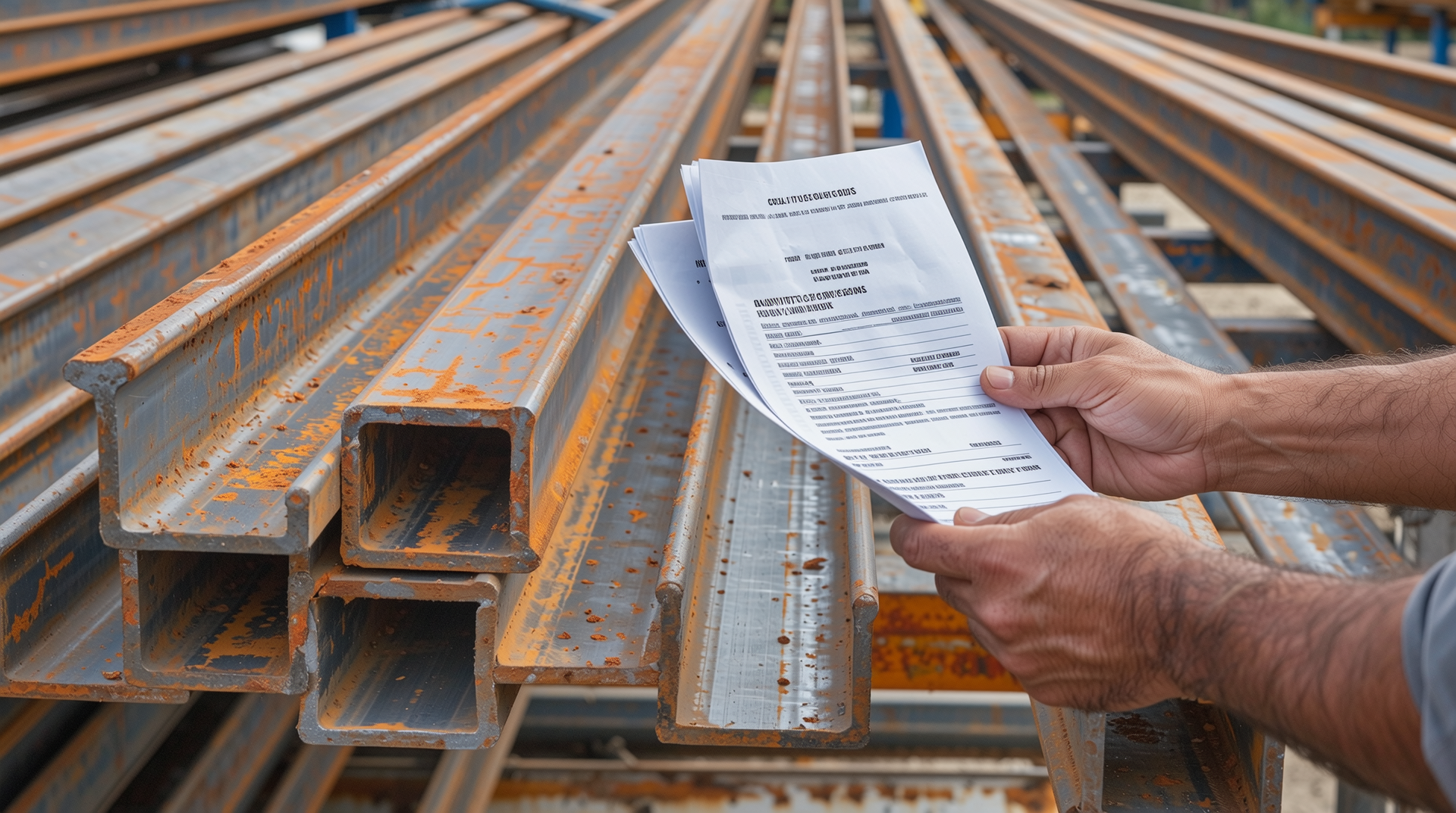 철강 제품 구매 전 품질 점검과 인증서 확인 작업 모습