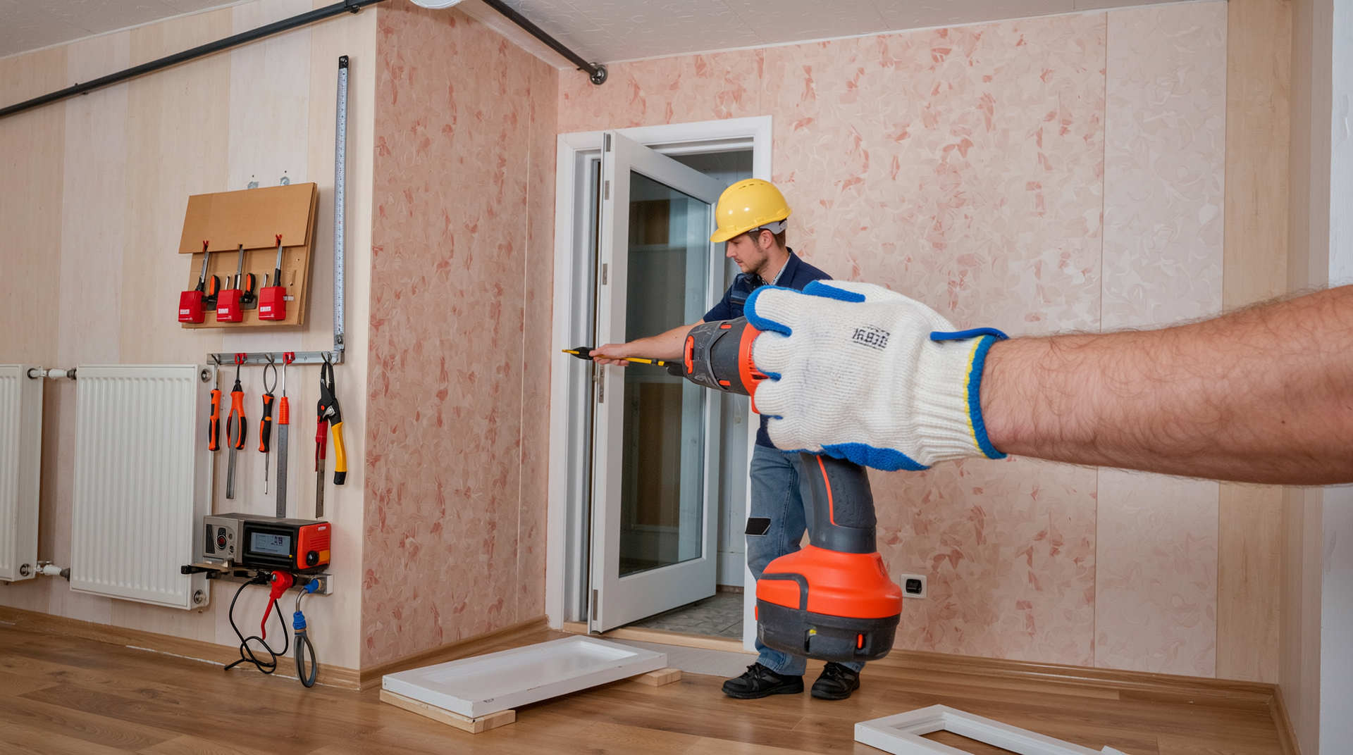 설치 기사가 방화문 설치 작업을 하는 모습