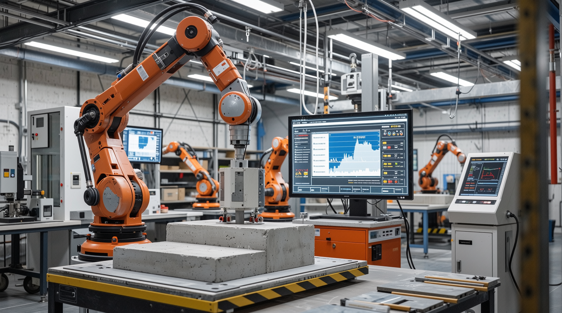 로봇 자동 시험장비가 있는 첨단 콘크리트 블록 시험실 모습