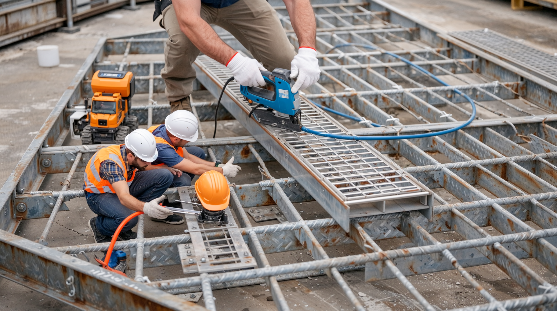 현장 치수 측정과 맞춤 가공 후 볼트 체결로 스틸 그레이팅 설치하는 모습