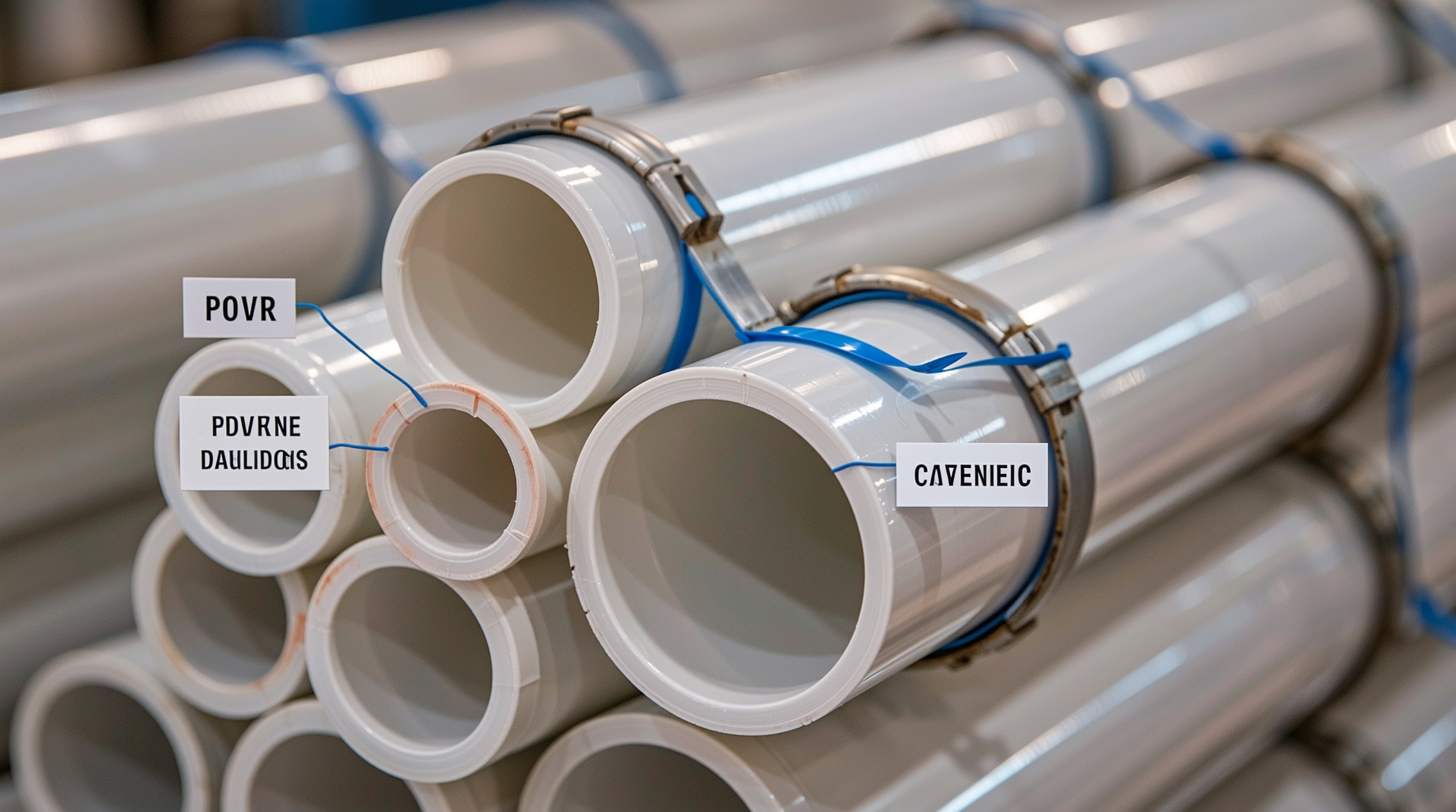 PE중간벽 구조가 강화된 PVC 파이프의 단면과 내구성 및 내식성을 강조하는 이미지