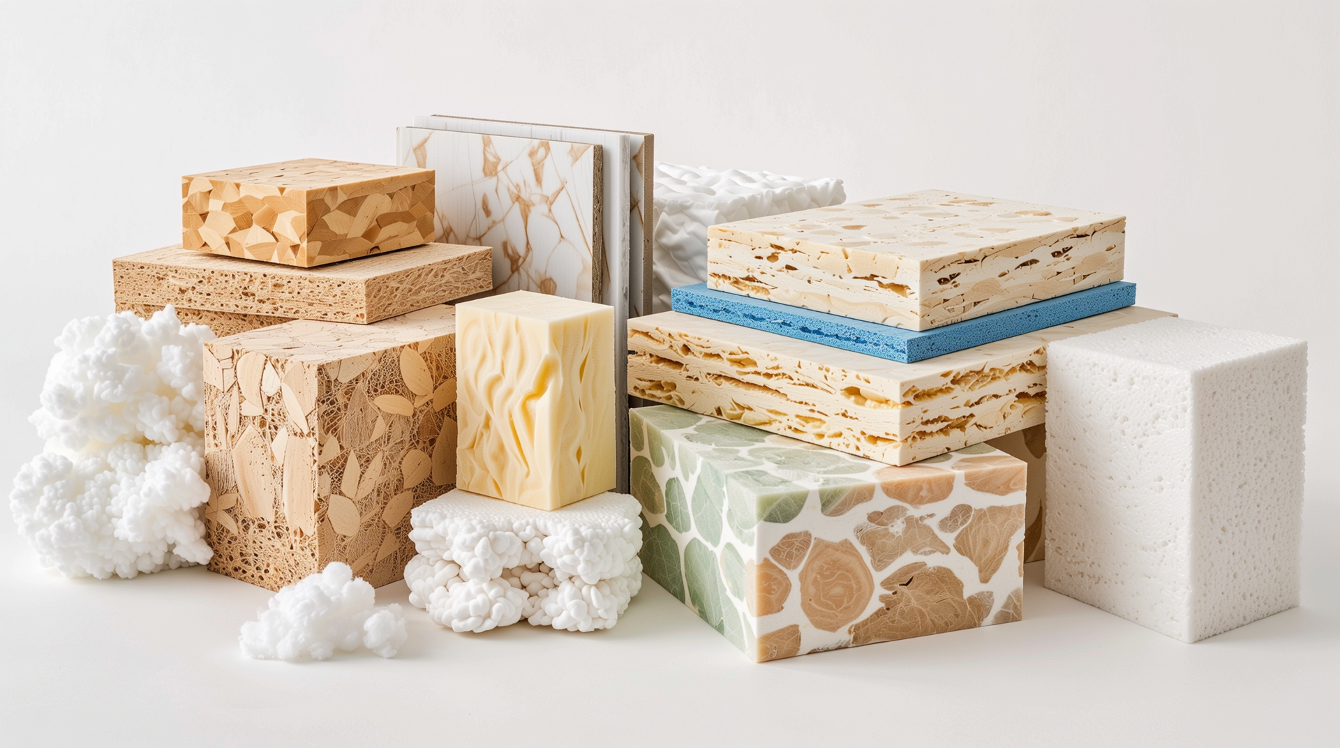 압출법보온판, 발포폴리스티렌, 폴리우레탄, 미네랄울 등 다양한 단열재 종류를 보여주는 고화질 사진