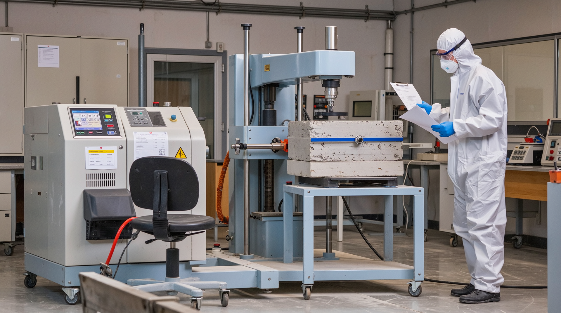 콘크리트 블록의 압축강도 및 내구성 시험을 수행하는 실험실 모습