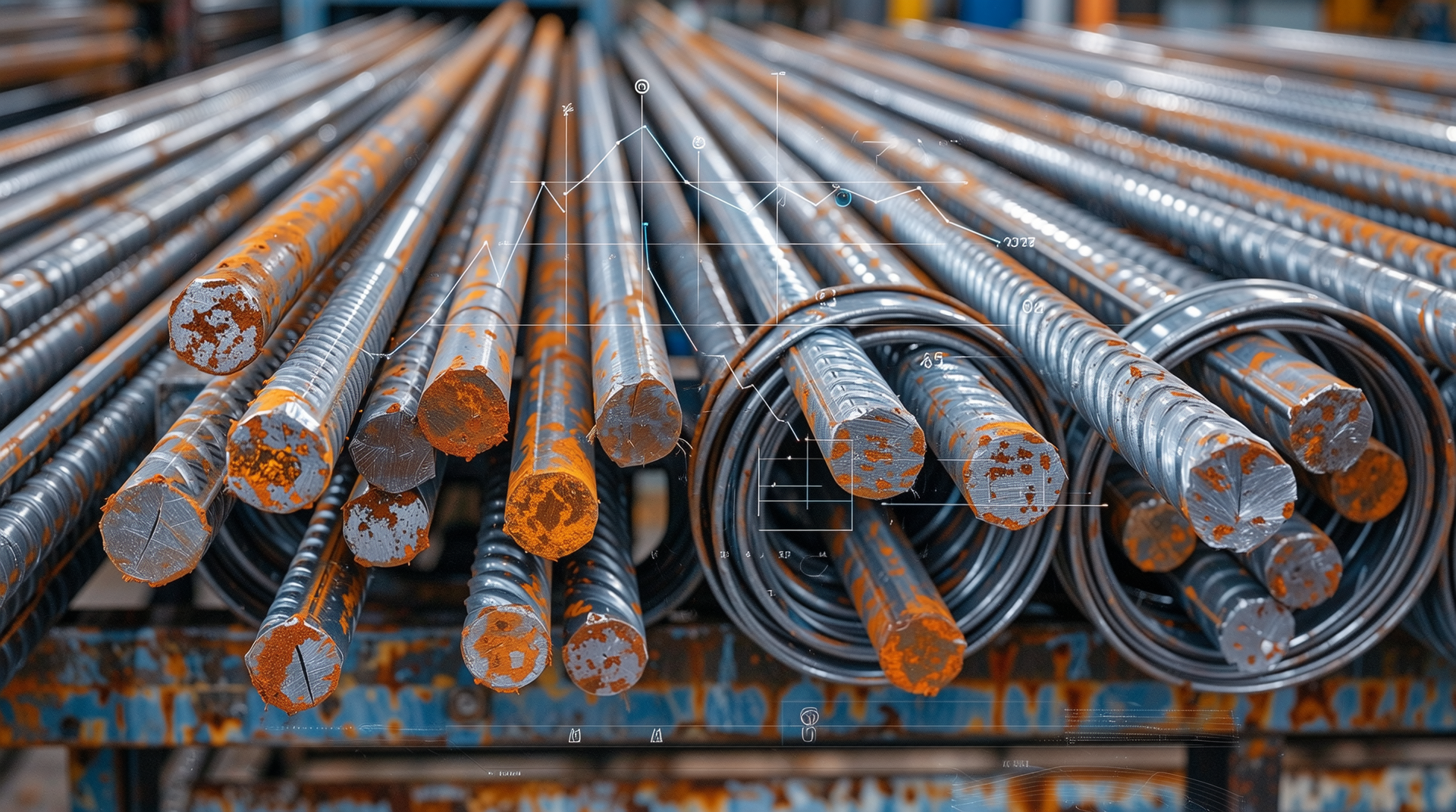 철근 단가 변동 원인과 정부 정책 영향 분석을 위한 고철과 철광석, 환율, 공급 과 수요를 보여주는 철강 공장 장면