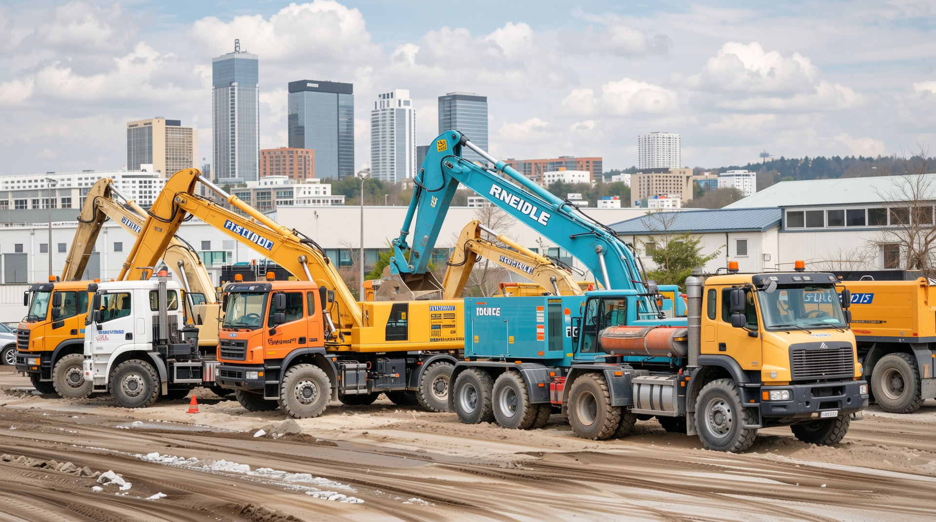 2025년 주요 지역별 건설기계 렌탈비 현황을 나타내는 다양한 건설기계 사진