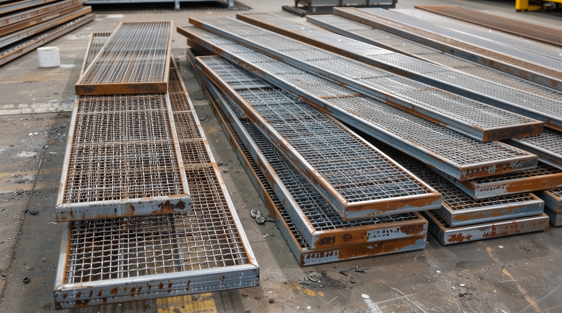 산업 현장에 놓인 다양한 치수의 스틸 그레이팅 패널