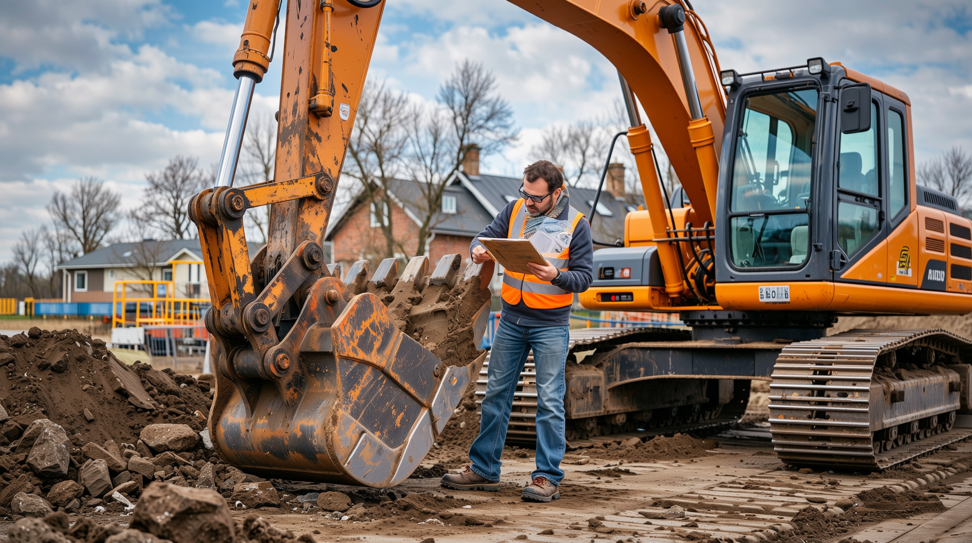 중고 굴착기 구매 시 틸트 링크 옵션과 사용 시간계, 장비 상태 점검 과정을 현장에서 전문적으로 검사하는 모습의 실사 이미지