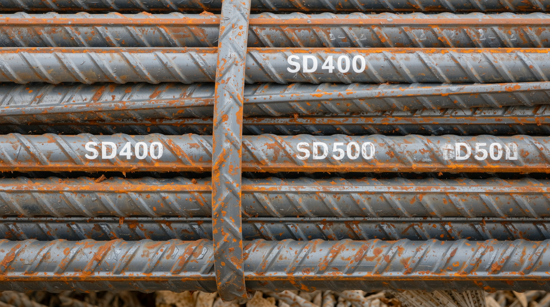 건설 현장에서 SD400과 SD500 철근이 나란히 놓여 강도 등급이 표시된 모습