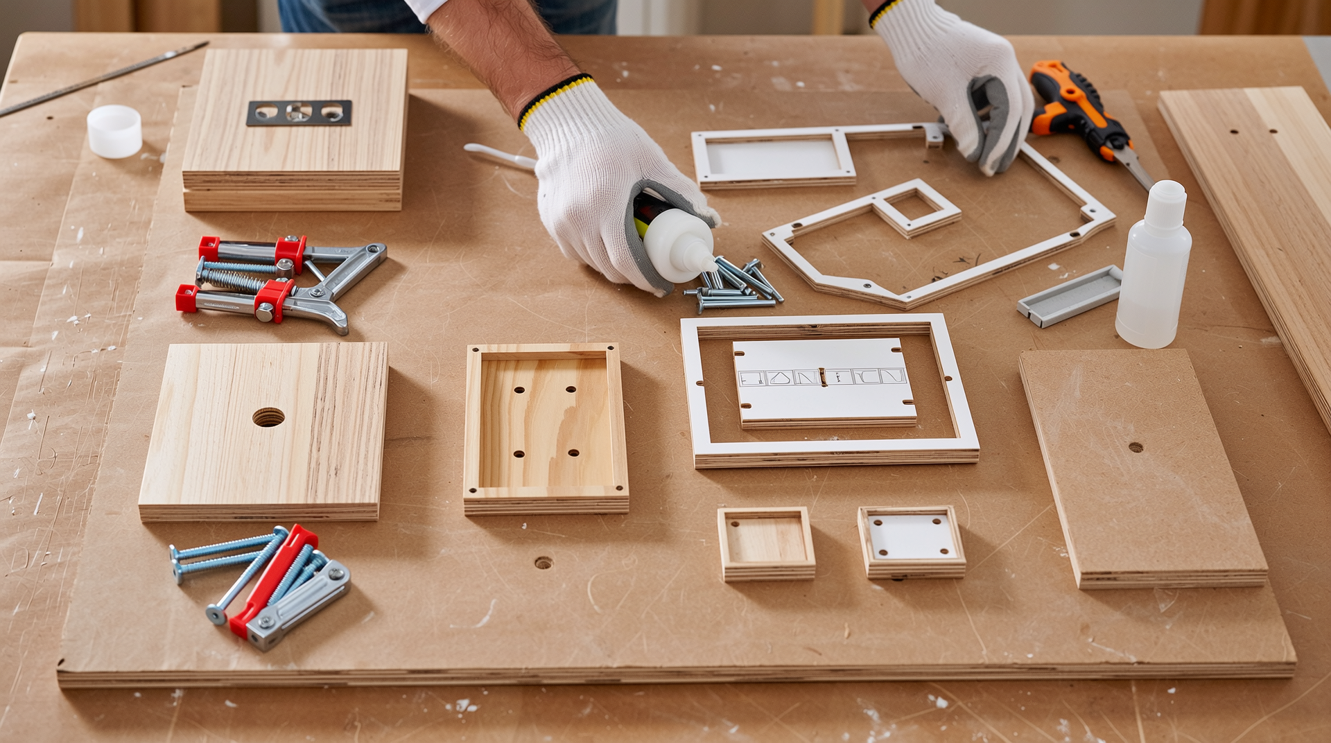 클램프와 나사, 접착제를 사용해 MDF 가구를 조립하는 작업 모습의 실사 이미지