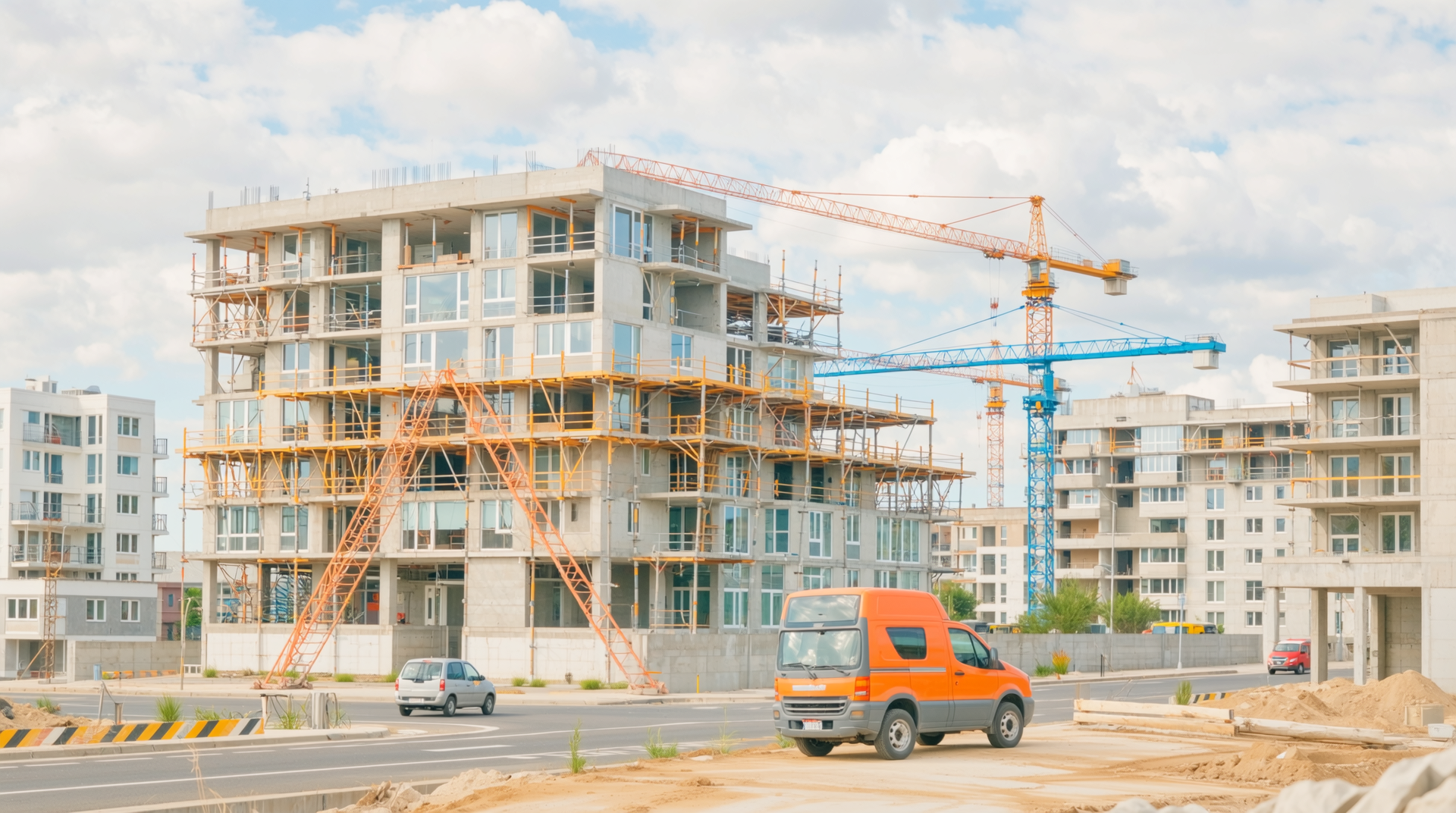 철근 단가 변동과 연계된 건설 산업 정책 대응과 전망을 나타내는 친환경 건축 인증과 디지털 계약서가 있는 신축 주택과 인프라 공사 현장