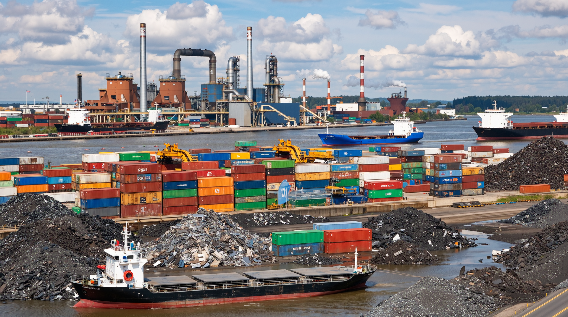 철근 가격 변동 원인인 원자재, 글로벌 공급망, 환경 규제를 시각화한 산업 현장 이미지