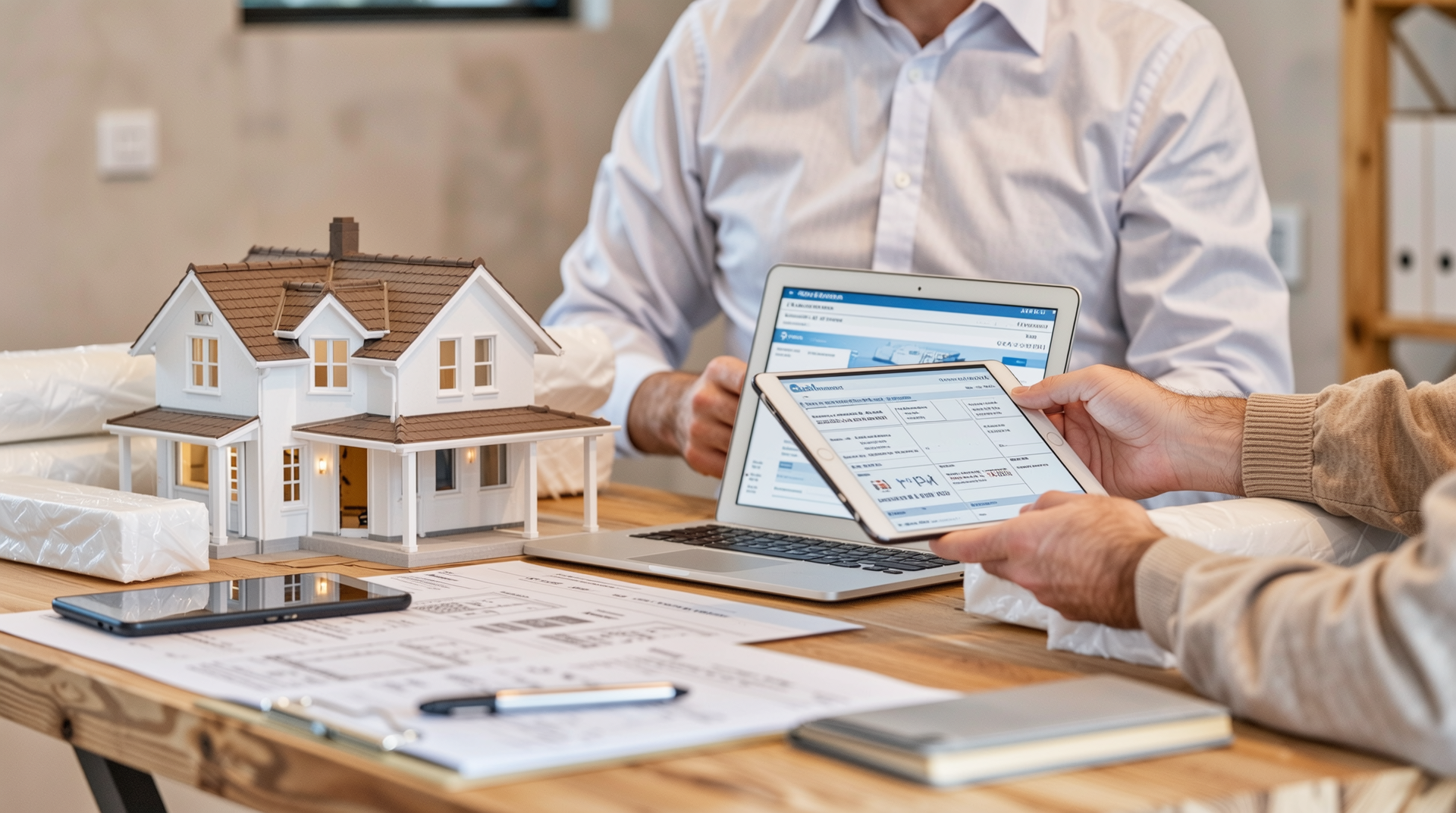 주택 건설 현장에서 단열재 인증서와 견적서를 비교하며 신중한 구매 결정을 내리는 모습의 실사 이미지