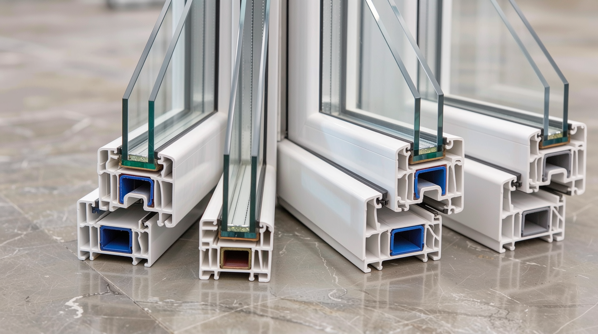 상업용 창호 재질 다양성을 보여주는 PVC, 알루미늄, 복합재 및 이중 유리의 클로즈업 사진