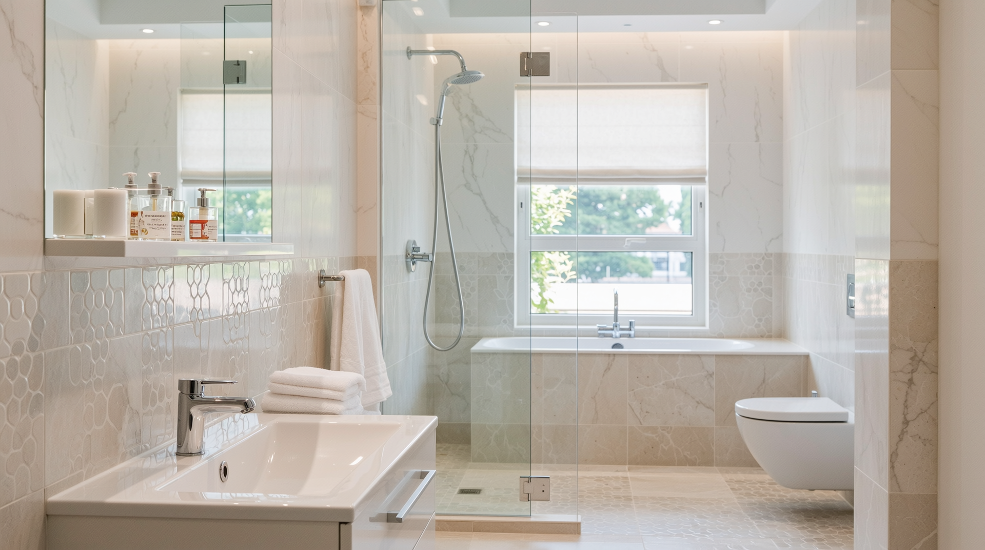 포세린 타일과 친환경 절수형 수전이 조화를 이루는 밝고 깨끗한 욕실 인테리어