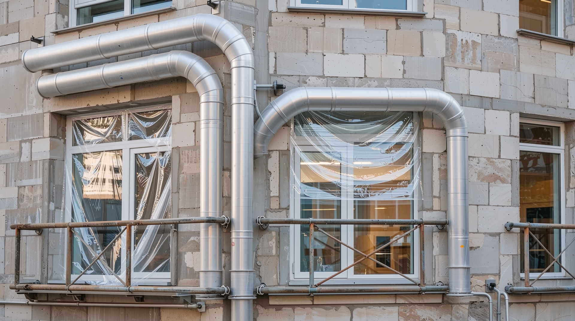 건설 현장과 산업 현장에서 사용되는 다양한 PVC 자재 활용 사례를 보여주는 이미지