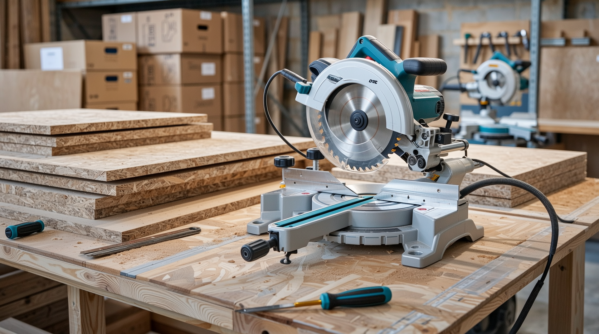 목공 작업장에서 깔끔하게 쌓인 MDF 판과 주변에 배치된 목공 도구들의 실사 이미지