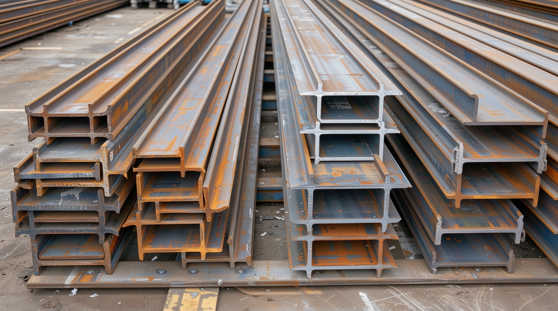다양한 강재 종류(H형강, I형강, C형강, T형강, L형강, 각형강) 진열 모습