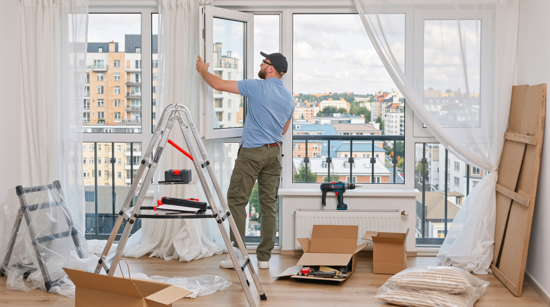 샷시 시공자가 고층 아파트 창문에서 오래된 샷시를 제거하는 작업 장면