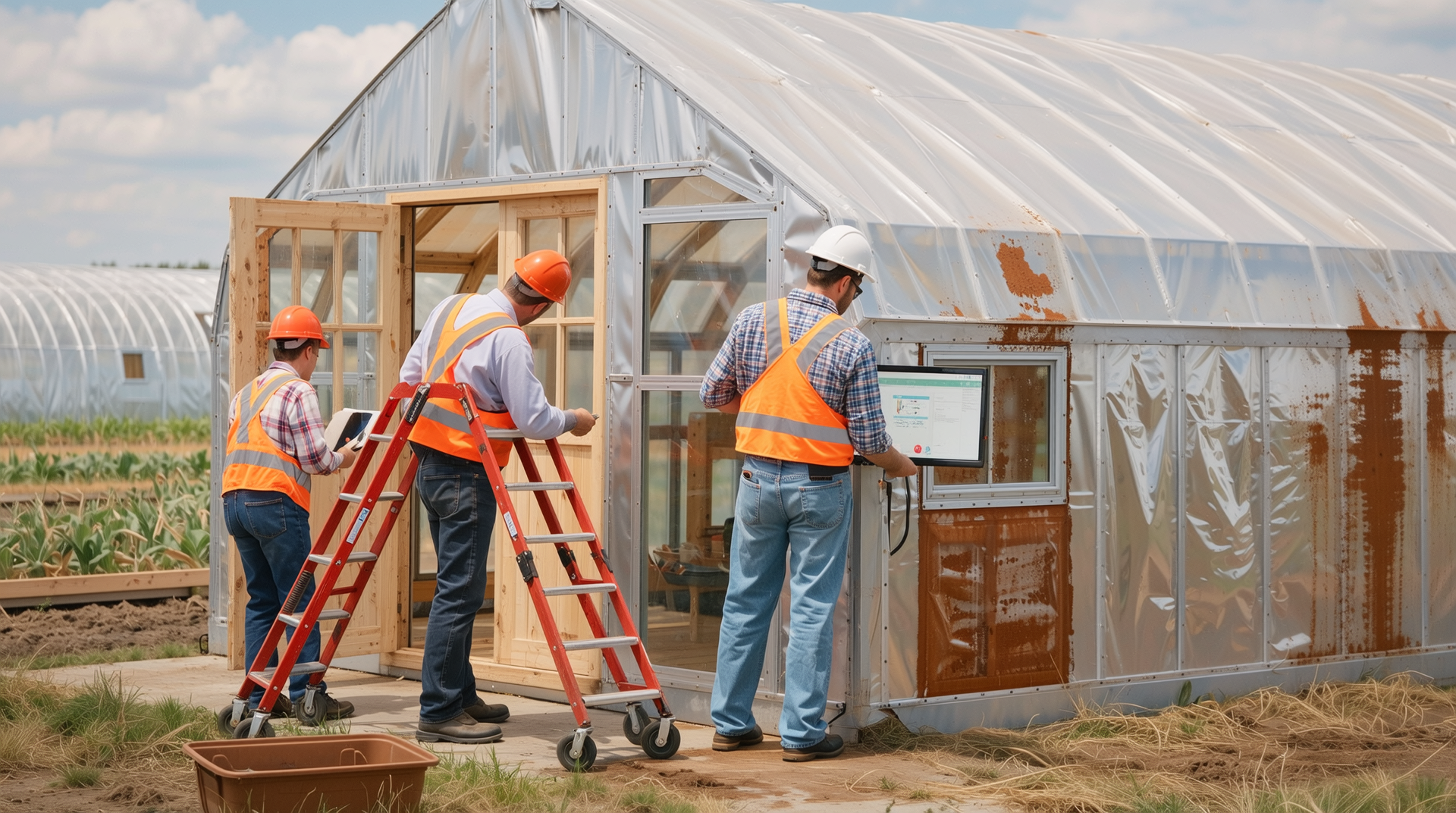 목재 방부 처리, 철재 녹 방지 도장, 신소재 패널 보수 작업 등 농막 구조재 유지보수 장면의 실사 이미지