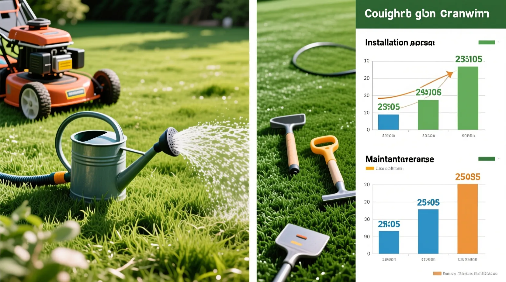 천연잔디와 인조잔디의 설치비용과 유지비용 비교를 보여주는 반반 나뉜 잔디 이미지