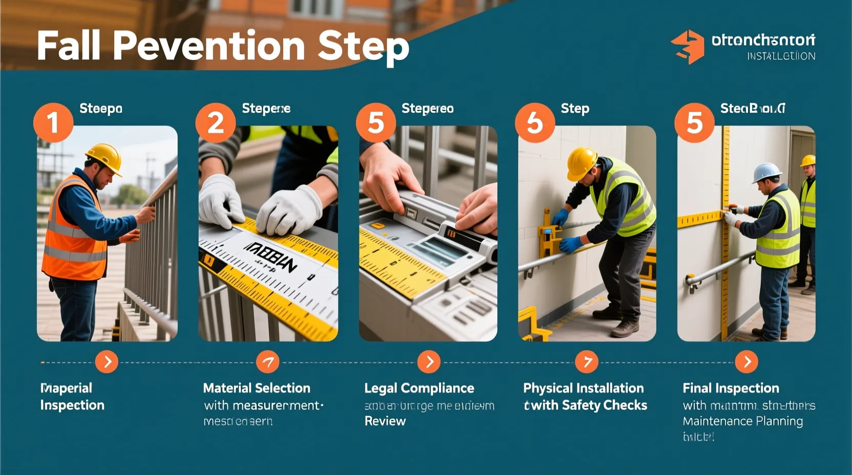 추락방지 난간 설치 5단계 과정을 보여주는 인포그래픽 스타일의 실사 이미지
