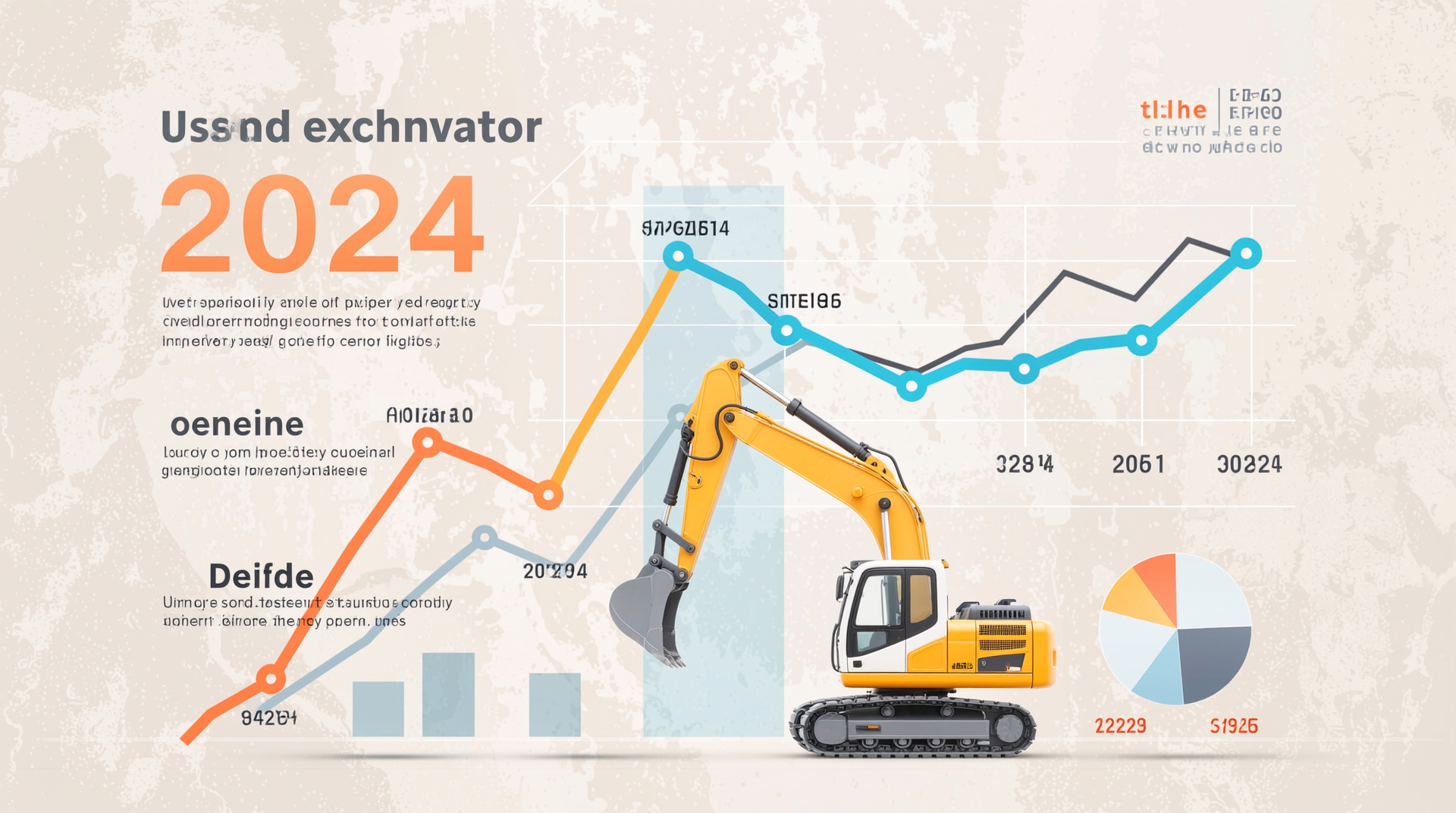 2024년 중고 굴착기 시장 동향을 요약하는 전문적인 인포그래픽, 신품 가격 상승과 경제 침체 영향, 공급 과잉, 지역별 가격 차이를 한눈에 보여주는 이미지