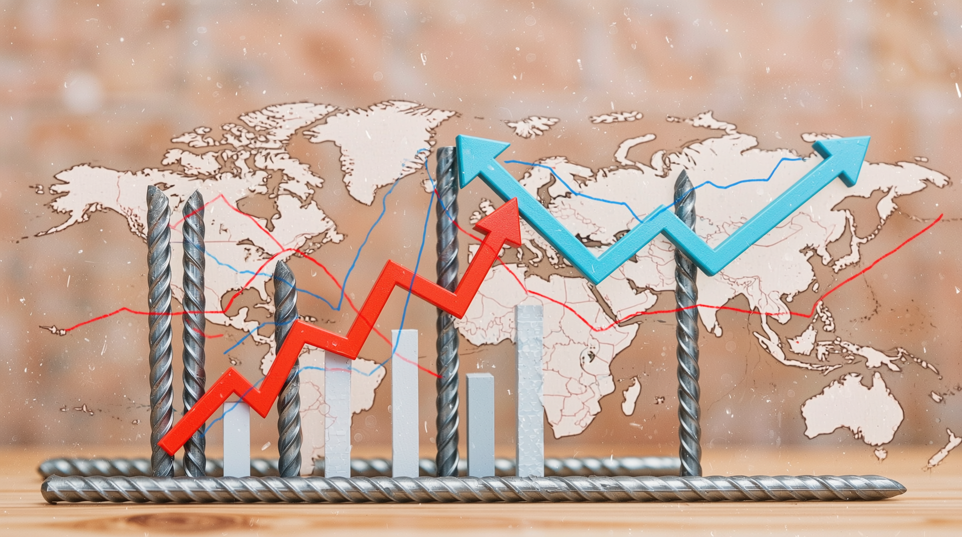 정부 건설 정책과 철근 단가 변동 간 상호관계 및 시사점을 나타내는 다이나믹한 시각 이미지