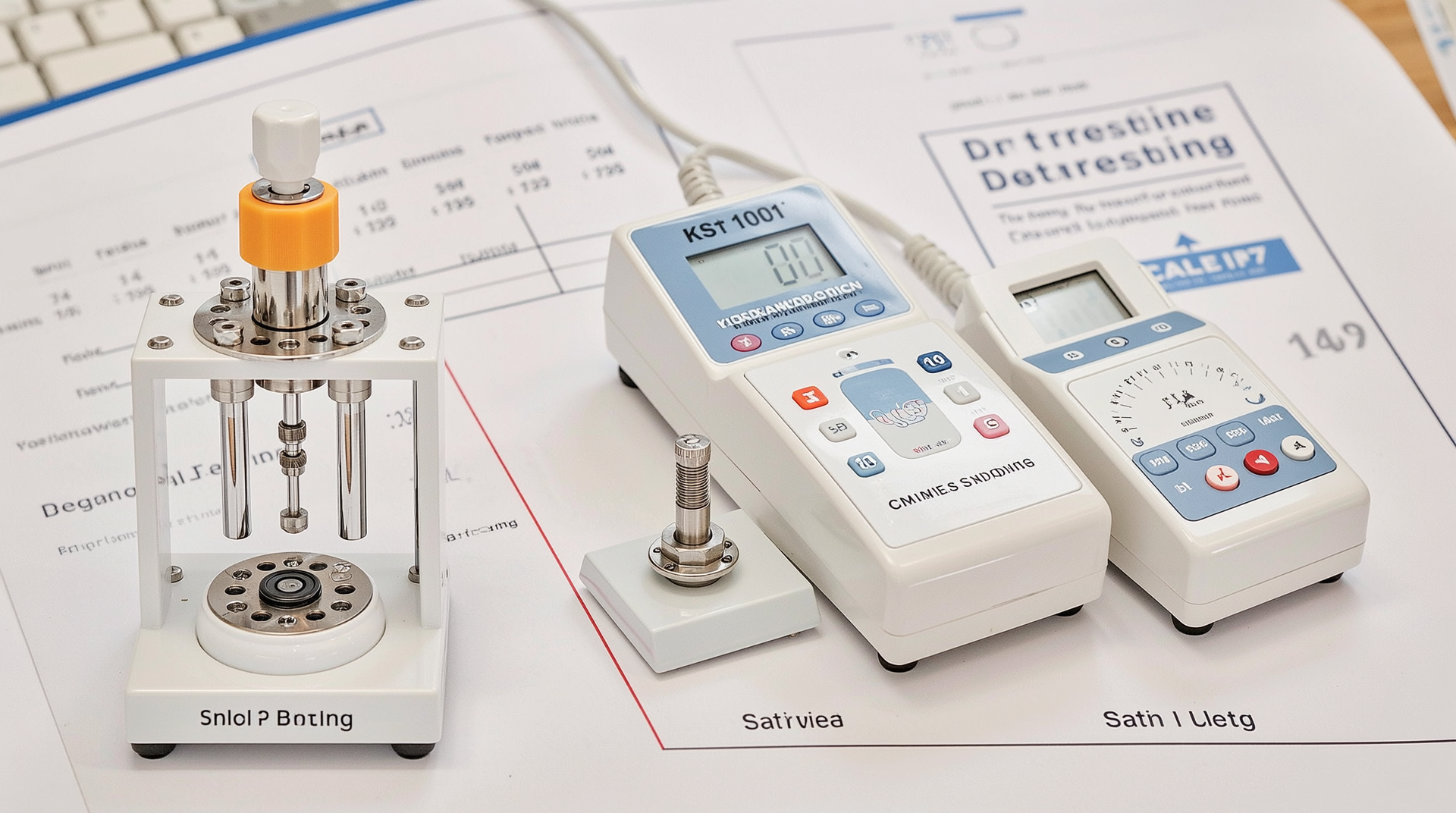 바닥재 미끄럼 저항 시험법 비교 차트와 관련 장비의 실사 스타일 일러스트