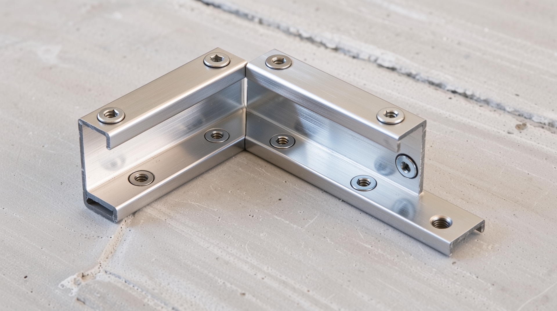 탄소강, 스테인리스강, 알루미늄 재질의 L자형 앵글 브라켓과 볼트, 나사, 용접 연결부의 고화질 클로즈업 이미지