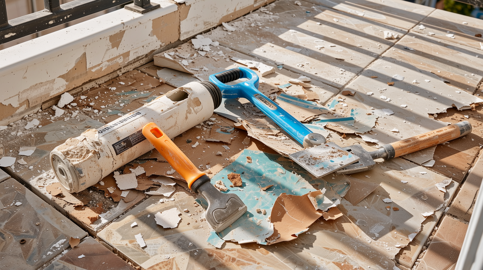 낡고 손상된 베란다 바닥 방수층 일부가 드러나고 작업 도구가 놓여진 모습