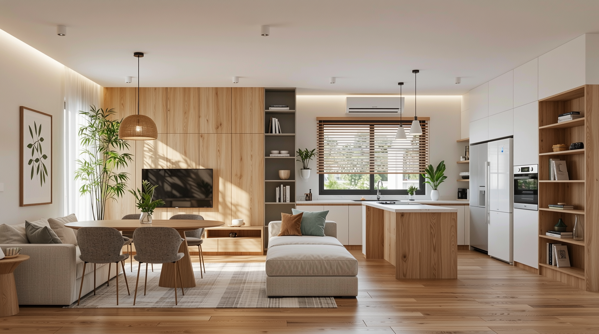 친환경 소재와 스마트홈 기능이 결합된 현대적인 리모델링 거실