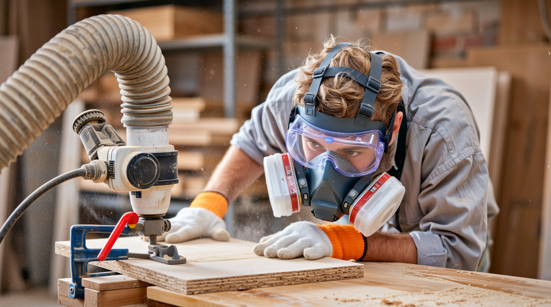 MDF 작업 시 보호장비를 착용하고 안전하게 작업하는 모습의 실사 이미지