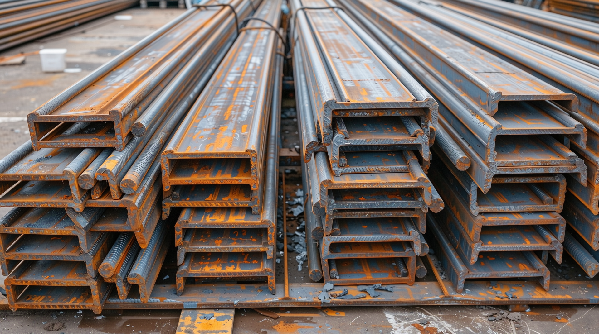 2025년 H형강과 철근 가격 요약과 구매 팁을 상징하는 철강 공급업체 야드에 쌓인 강재들 모습