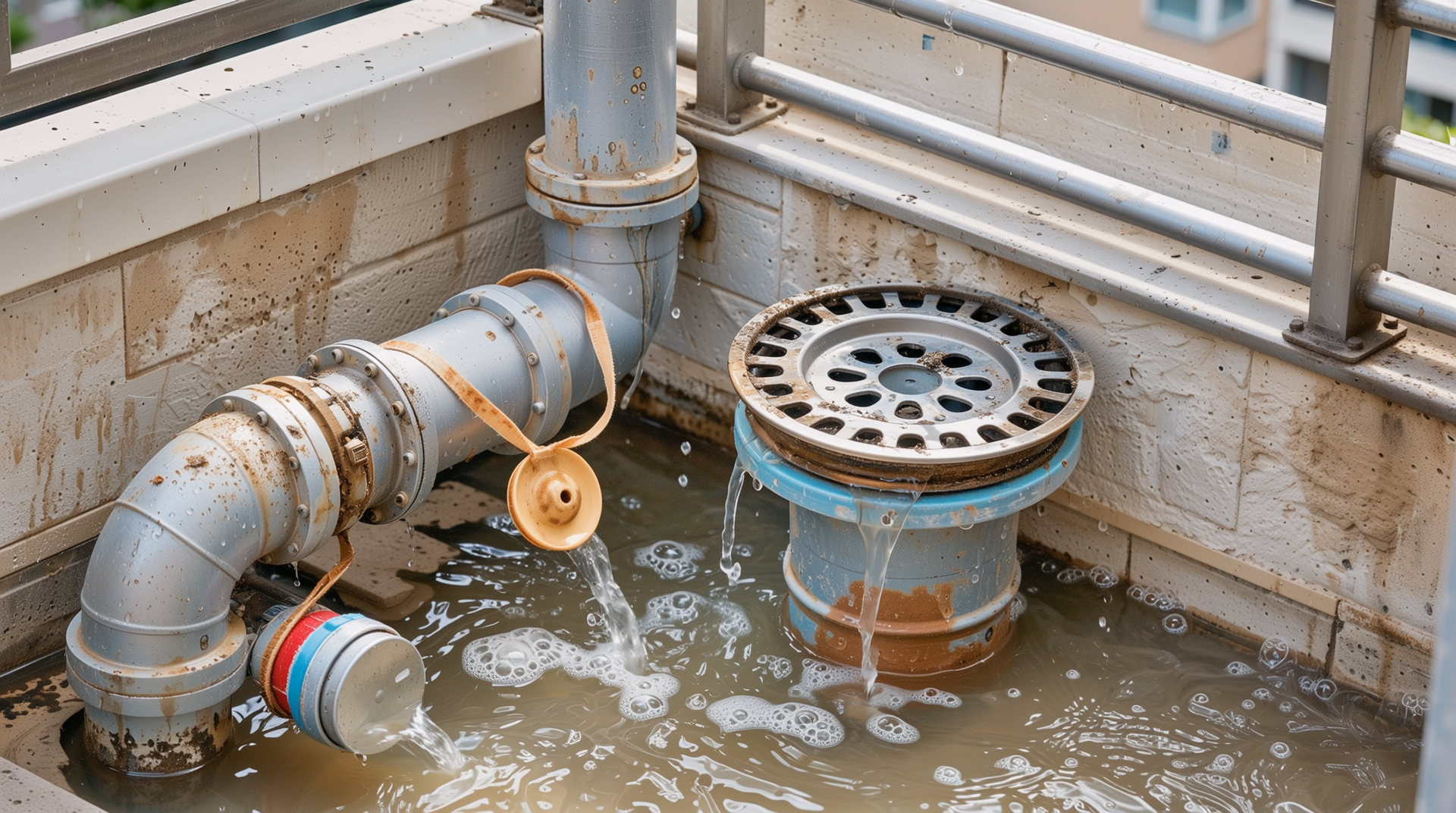 베란다 배수구와 배수관이 막히고 손상되어 물이 고여있는 모습