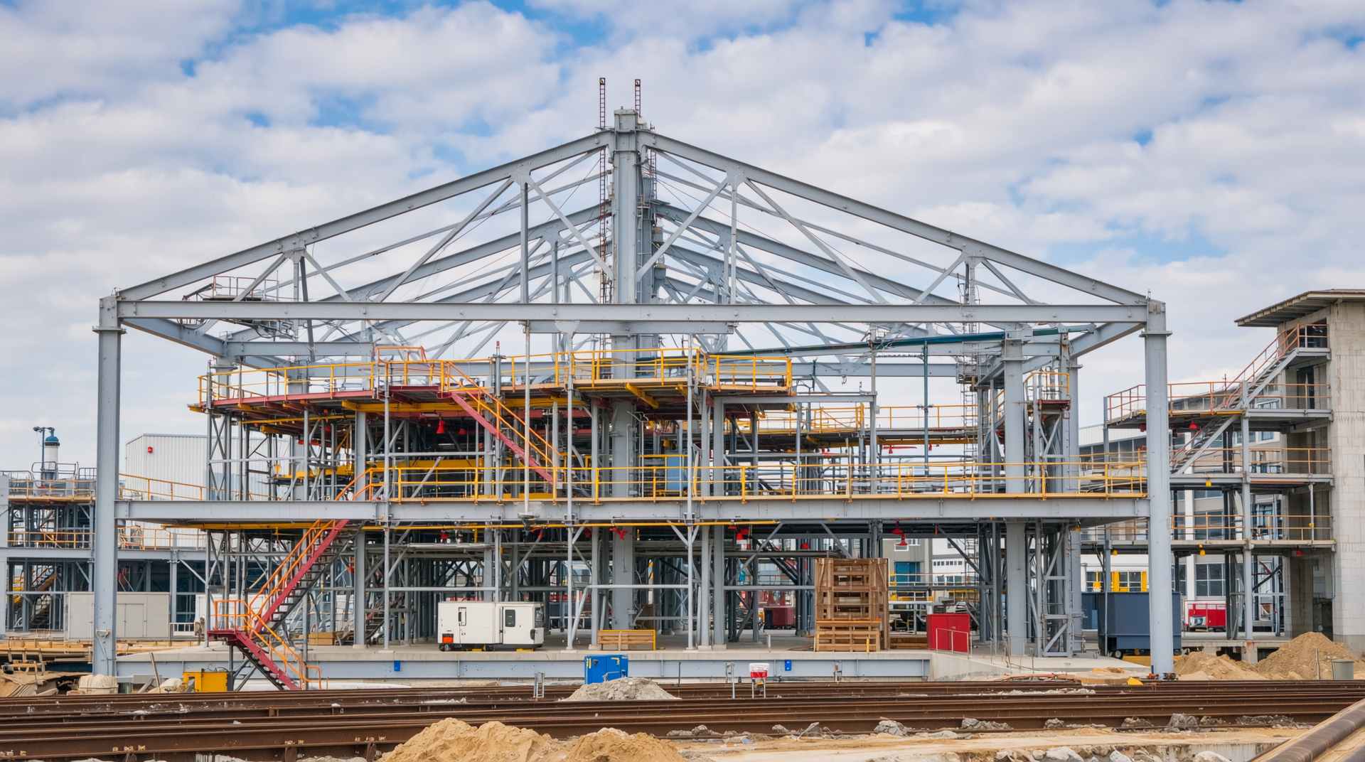 H빔 철골 구조가 적용된 대형 산업용 건물의 공사 현장 모습