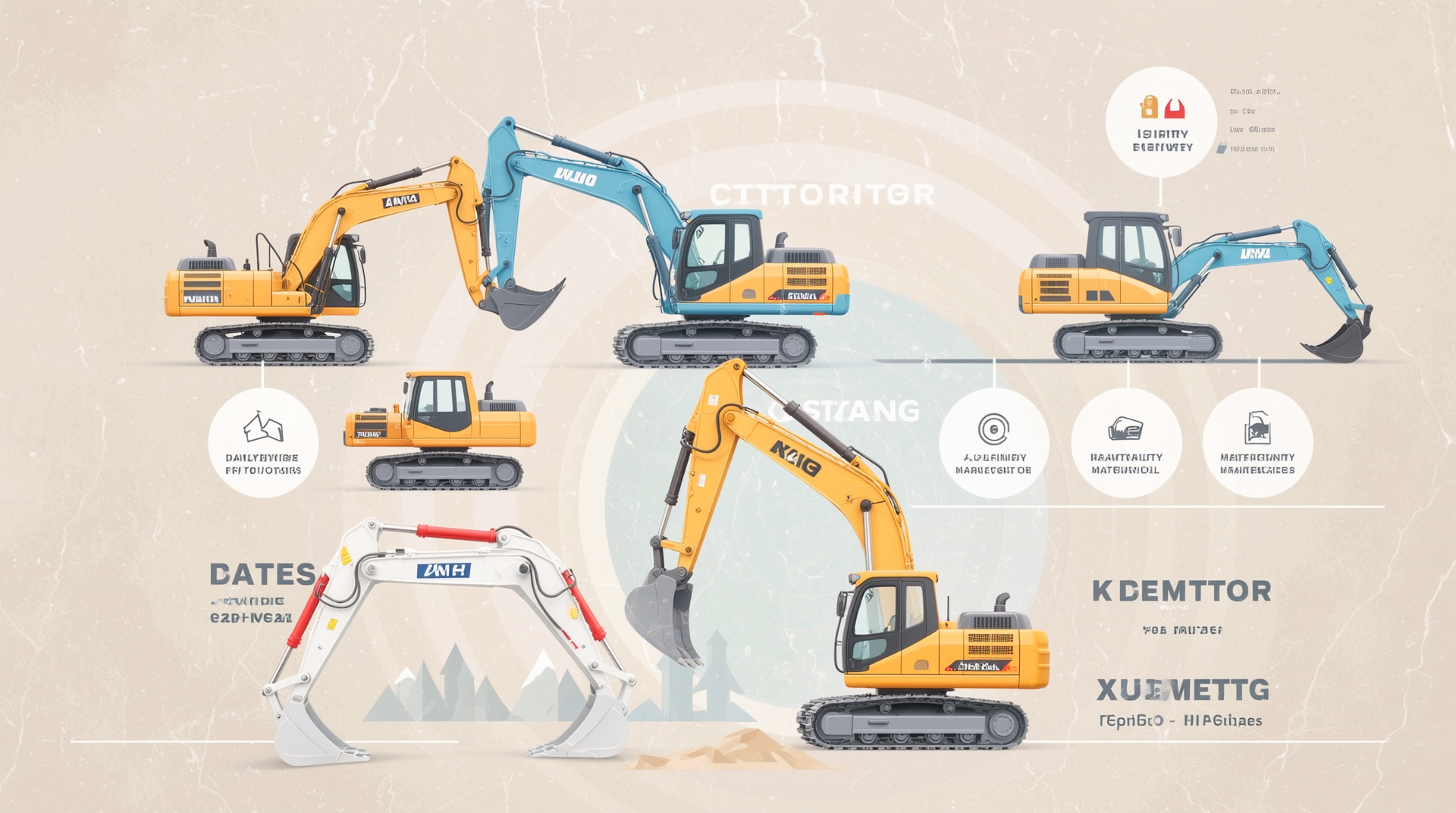 중고 굴착기 6개 주요 브랜드의 내구성 및 부품 공급 현황 등의 특징 비교 인포그래픽