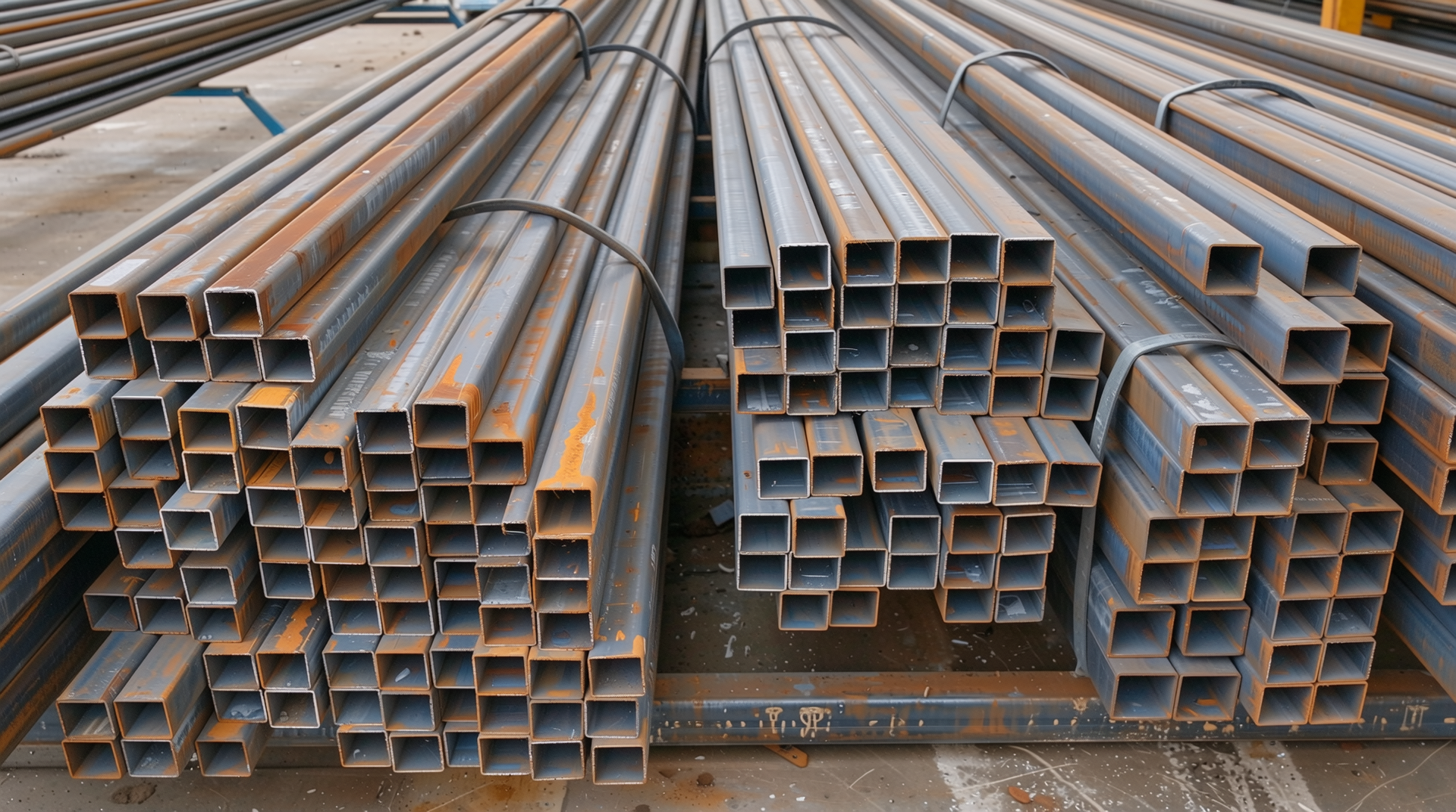 건축 창고에 쌓여 있는 다양한 크기와 두께의 아연각관