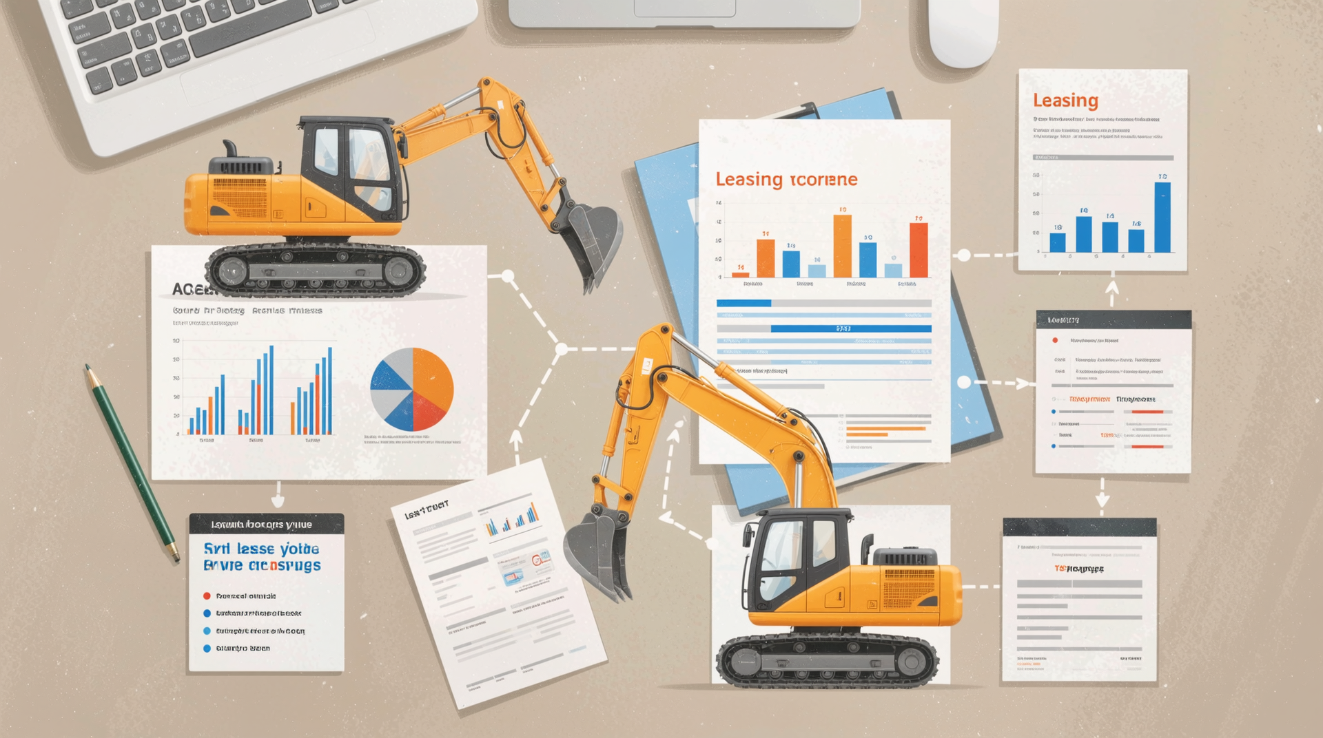 중고굴착기 리스 구매 절차와 장단점 비교를 설명하는 인포그래픽 스타일 이미지