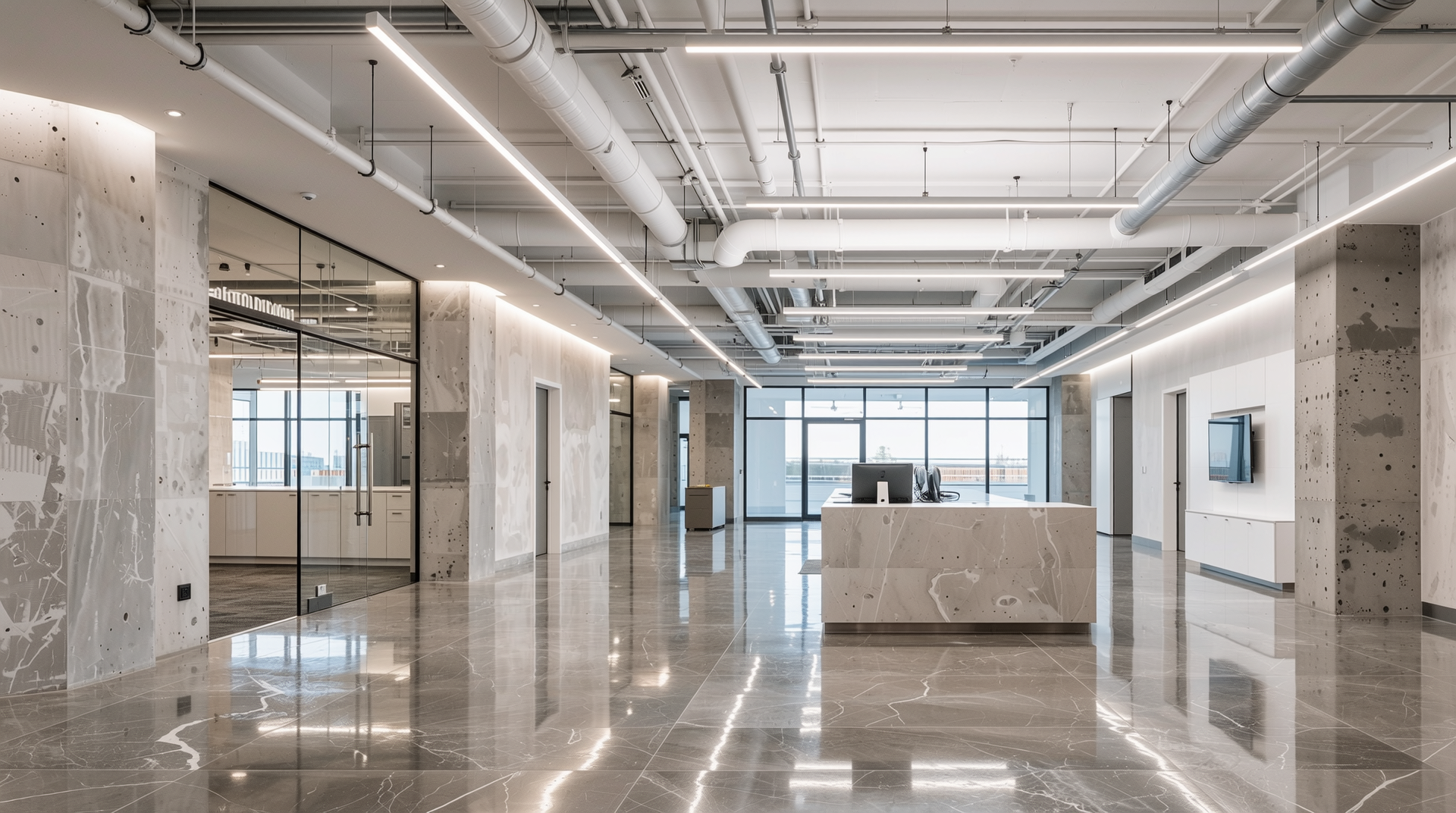 미니멀리즘 인더스트리얼 스타일의 방수 마감재가 적용된 관리하기 쉬운 상업 공간