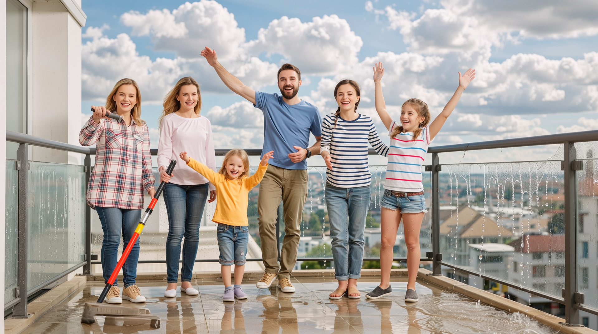 완벽한 수리 후 쾌적하고 안전한 베란다에서 행복하게 시간을 보내는 가족 모습