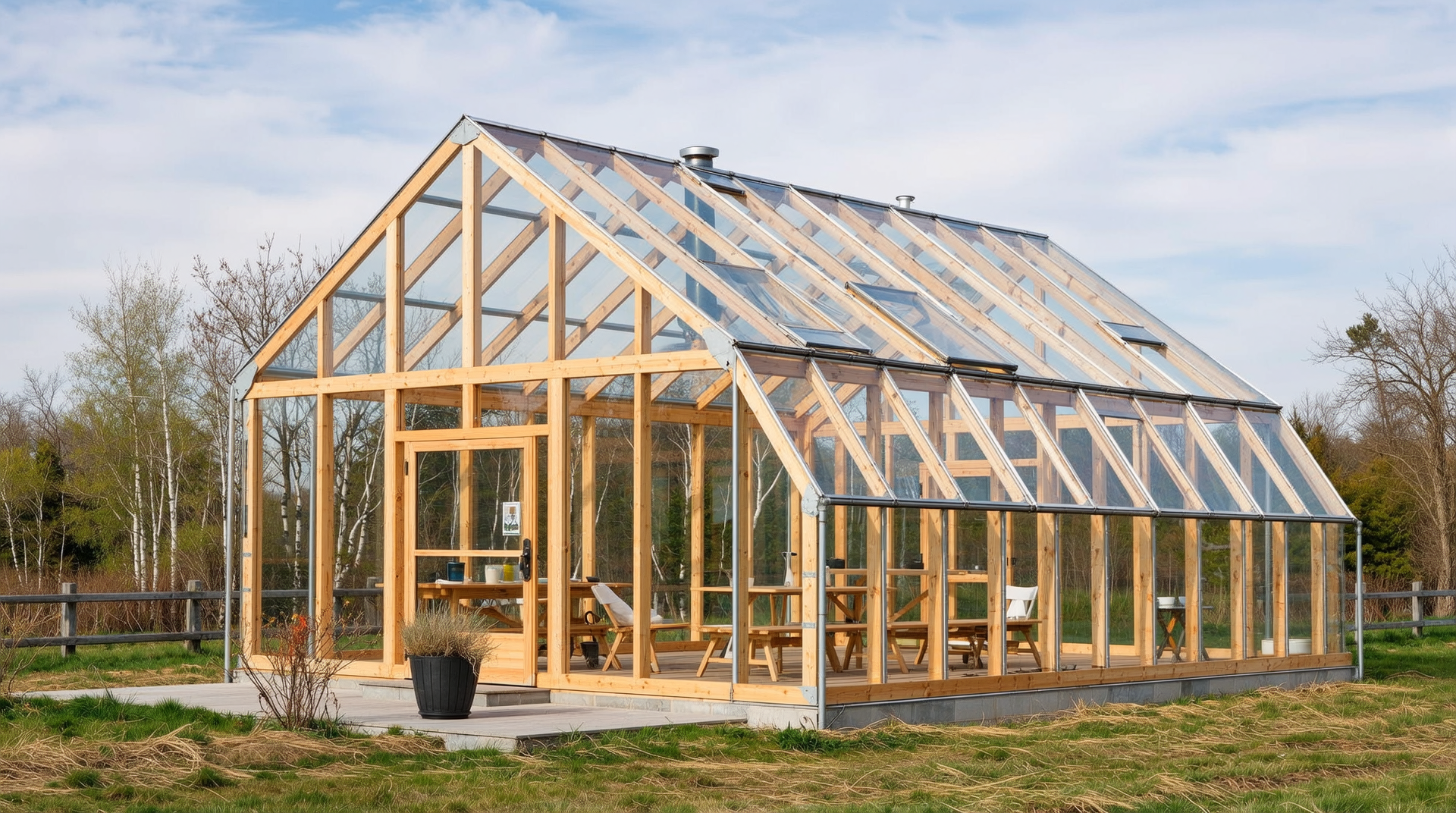 농막 구조재 중 목재를 강조한 자연 친화적 농막의 실사 이미지