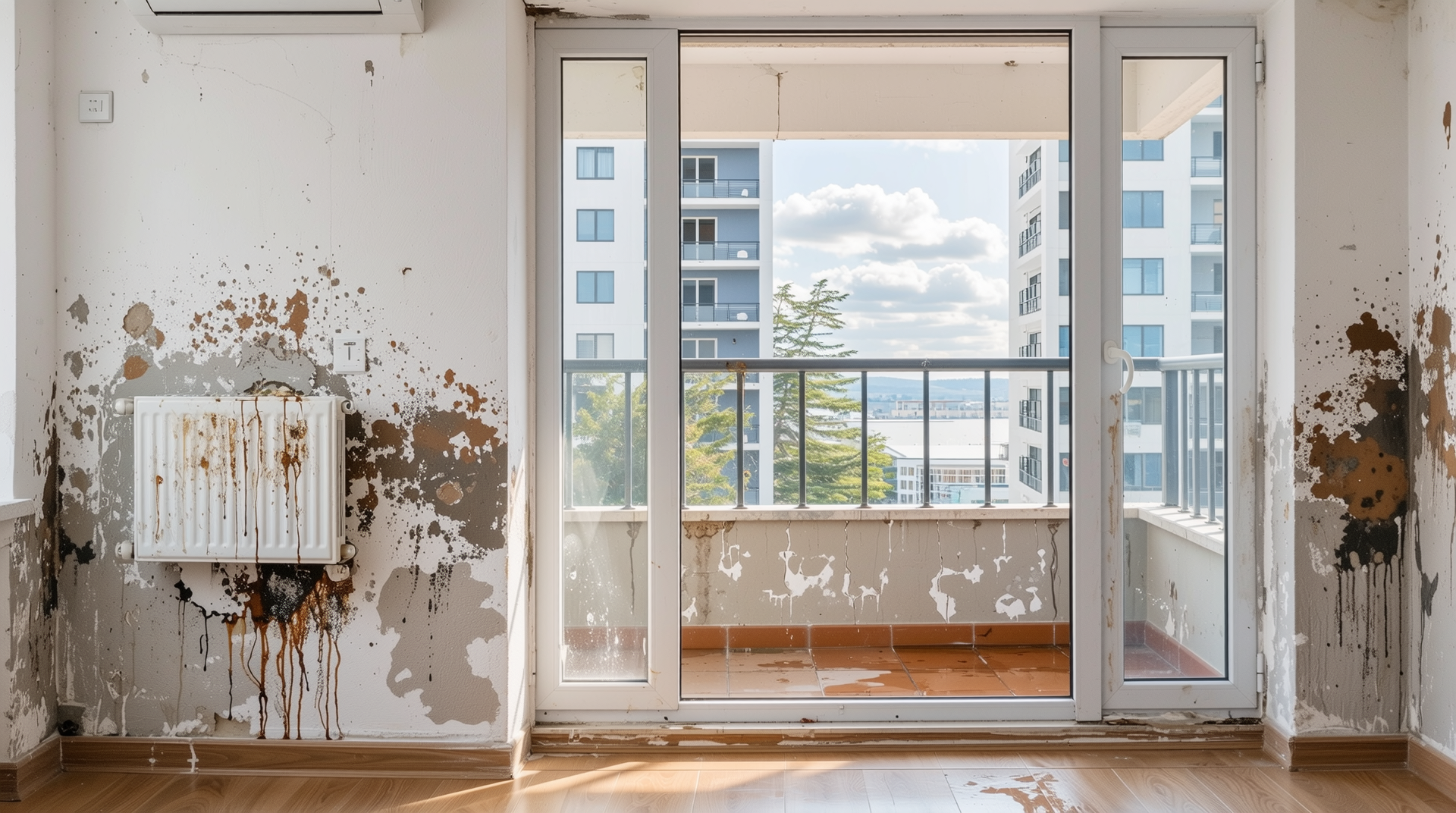 아파트 베란다 물이 새어 벽과 천장에 곰팡이와 물 자국이 나타난 모습