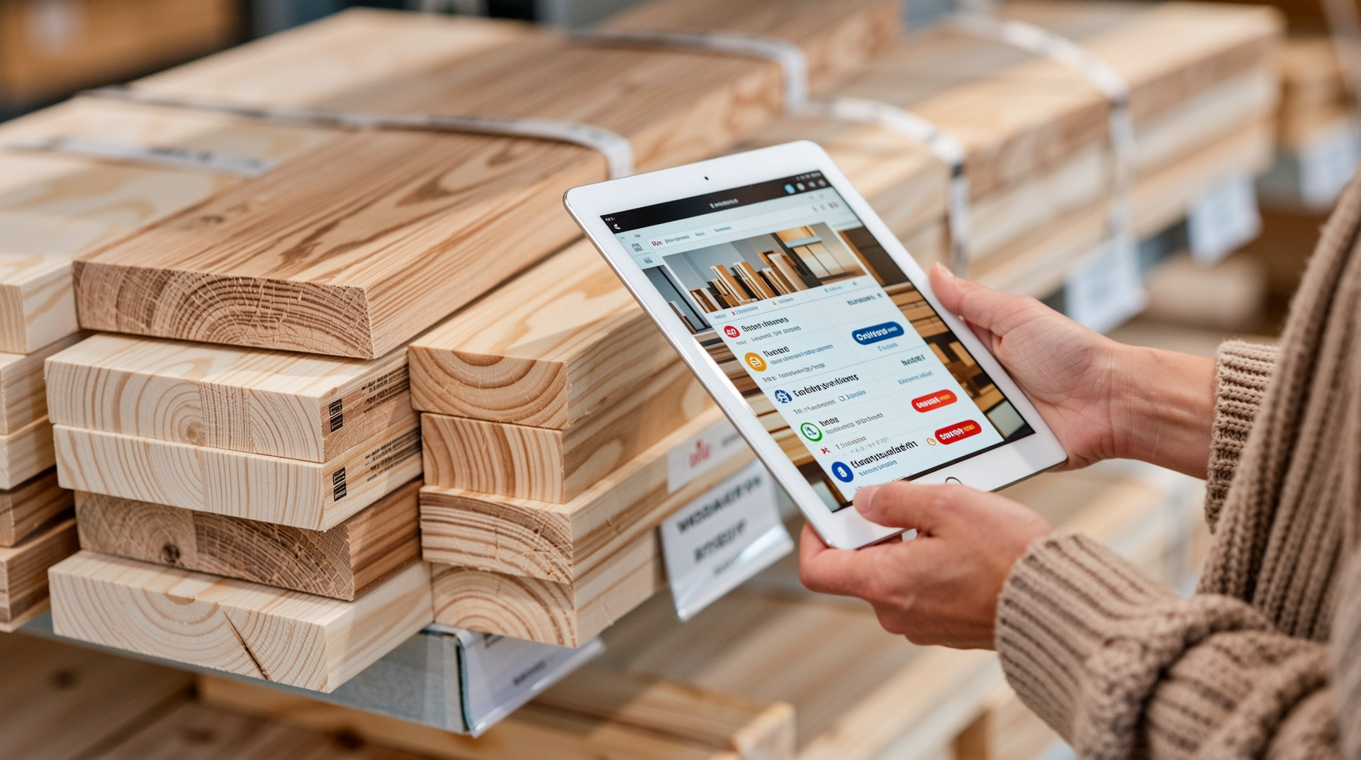 소비자가 KS, FSC, CARB 인증 마크가 있는 합판 제품을 비교하며 가격 비교 사이트를 확인하는 모습