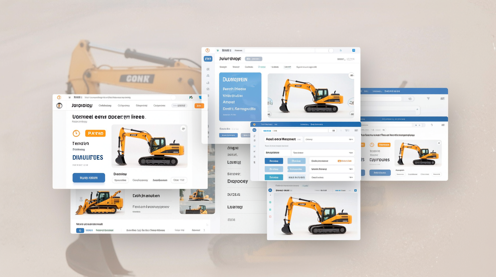 중기인, 퍼펙트중고장비, 다퍼드림, 이지콘스 등 다양한 중고 중장비 온라인 플랫폼 웹사이트와 실제 매물 및 구매자 후기를 보여주는 이미지