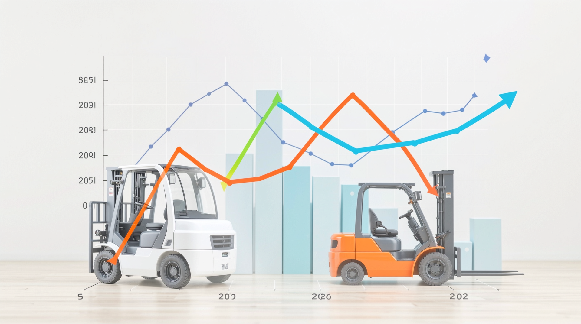 2024년부터 2025년까지 친환경 전동 지게차 시장 동향과 디젤 지게차 수요 감소 그래프